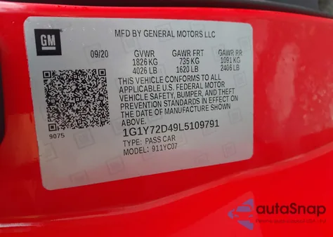 2020 Chevrolet Corvette Stingray Rwd 2Lt z USA, uszkodzony, nr VIN 1G1Y72D49L5109791